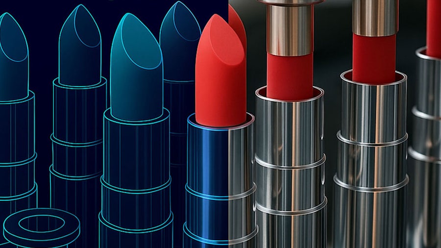 Illustration of lipsticks transitioning from digital design to real product, symbolizing next-generation PLM innovation in the beauty and personal care industry.