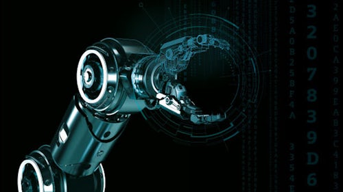 A virtual design representation of an industrial machinery robotic arm.