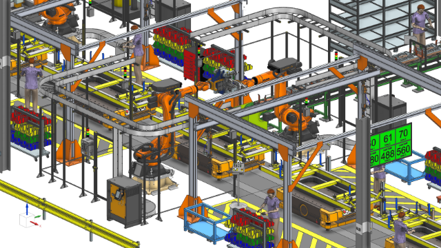 A 3D digital model of an automated assembly line created in Line Designer X, showing conveyor systems, robotic arms, workstations, and operators. The layout includes material racks, equipment, and overhead transport systems, illustrating how detailed production layouts integrate with resource planning for a complete digital twin of the manufacturing environment.