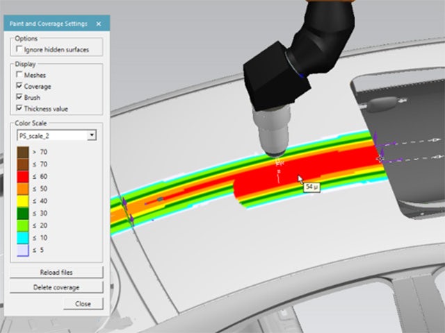 3D-Simulationsmodell für die Roboterlackierung in der Process Simulate-Software.