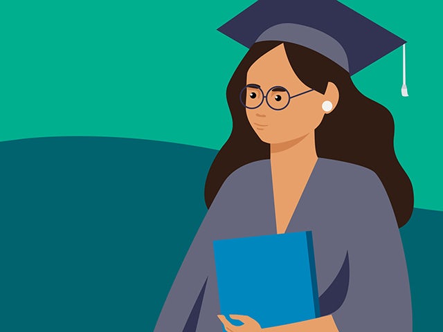 A cartoon illustration of a woman graduating with her diploma