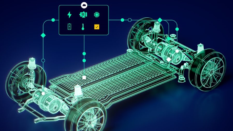 A green wireframe of an electric vehicle chassis on a dark blue background.