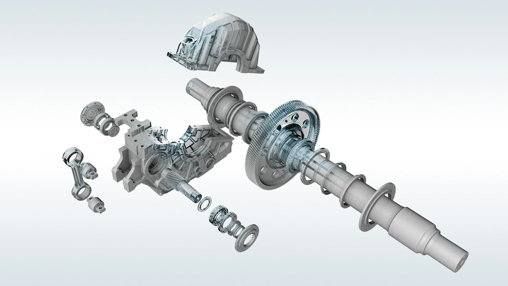 A Computer-Aided Design system displays all of the separate parts that comprise a mechanical drive.