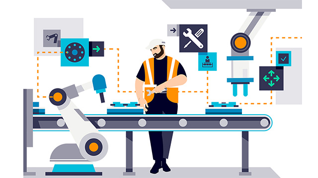 Illustration of a worker in a white hard hat and safety vest. The worker is overseeing an automated assembly line. There are overlay images of the BOP for the sequence of steps in assembly plans.