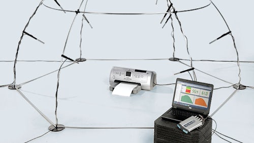 Referenzschallquelle eines digitalen Druckers, gemessen mit einem Halb-Hemisphären-Mikrofonarray.