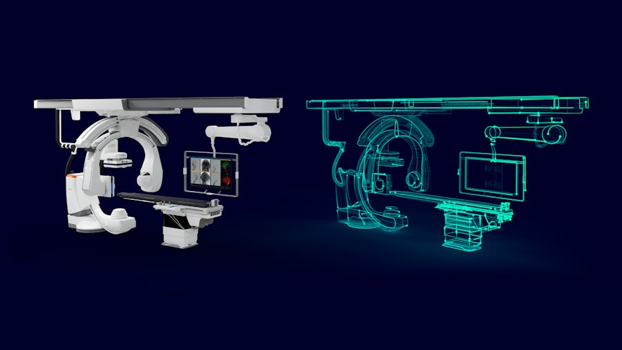 A graphic of a medical device next to it's digital twin.