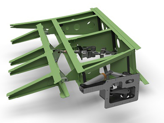 Squelette interne d'une aile d'avion, avec le cadre des longerons et des volets, et une partie du sous-ensemble hydraulique qui déplace le longeron.