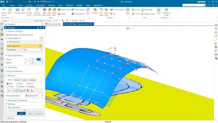 X-Form capability in NX CAD for surface modeling on a razor handle design