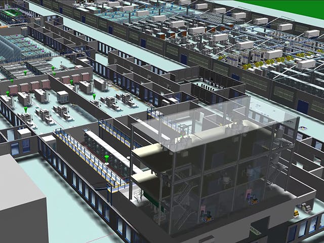 Battery production 3D simulation model shown in Tecnomatix Plant Simulation software.