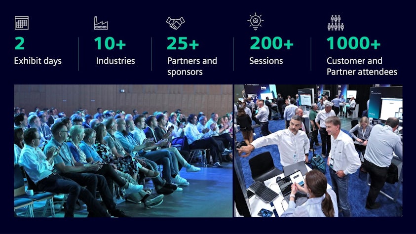 Statistics about Realize LIVE Europe 2024 which features 2 exhibit days, 10+ industries, over 25 partners, over 200 sessions and over 1,000 customer and partner attendees. Accompanying the stats is an image of attendees experiencing an energizing keynote session and engaging with exhibitor technology at the expo.