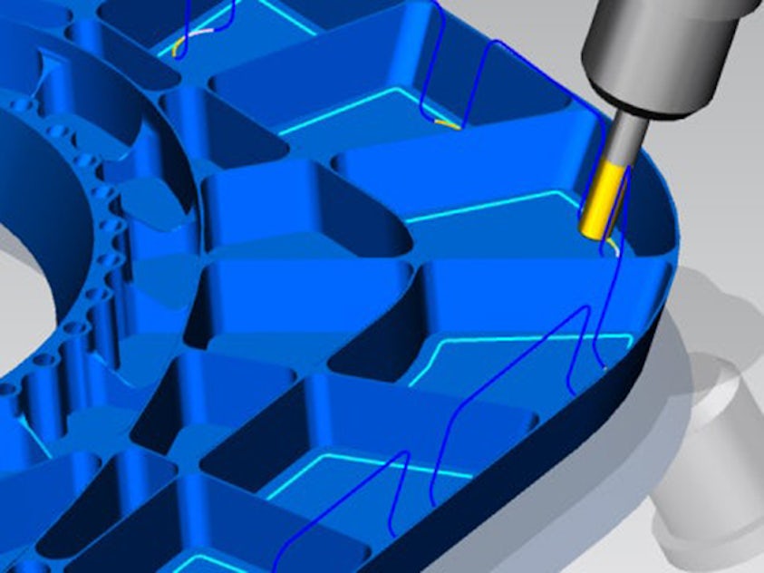 A 3D image of a 5-axis simultaneous milling process on a blue metal part. The tool intricately carves precise lines and shapes, with visible contours and grooves showcasing the industry-leading NX CAM technology.