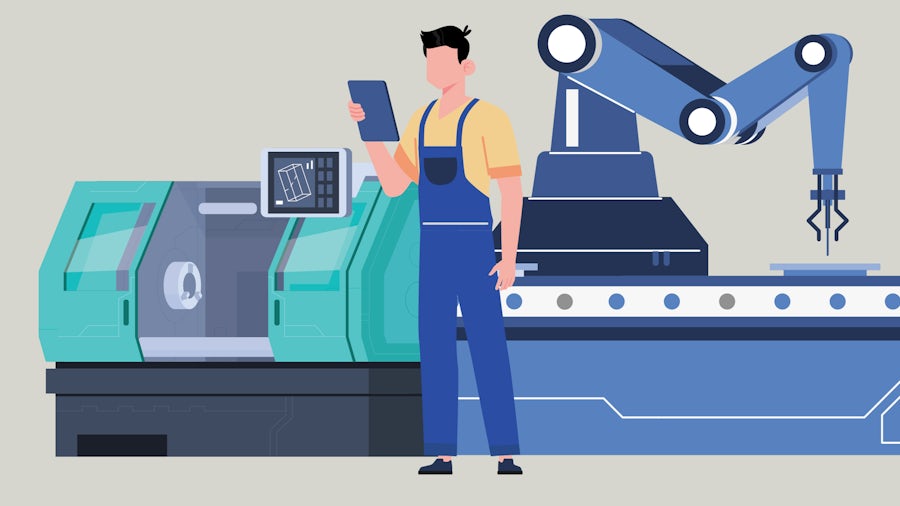 A graphic of a CNC machine operator using a tablet with digital solutions to create machine parts.