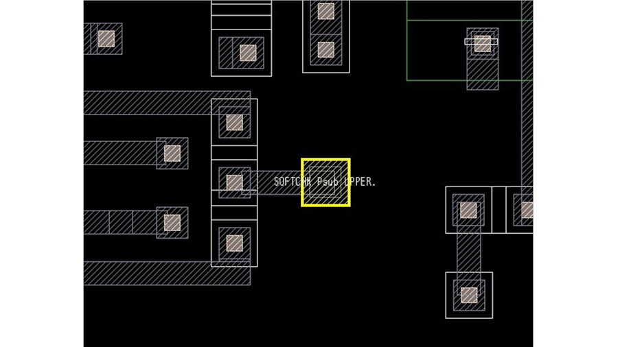 Screenshot of IC layout showing highlighted soft check error.