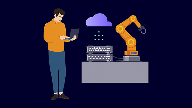 An illustration of a person using a tablet to control an industrial setup, likely through IoT and digital twin technology.