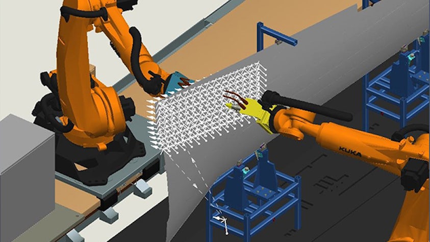 Robotics 3D path planning and simulation model in Process Simulate software.