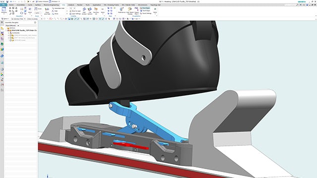 In a bachelor’s degree focus project, a team of five mechanical engineering students and one industrial design student used NX to develop a revolutionary mechanism to link boots and alpine ski bindings to facilitate nearnatural walking for ski touring. 