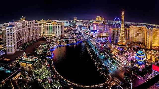 Aerial view of Las Vegas, Nevada, at night.