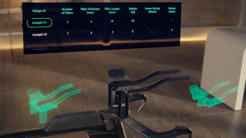 Designcenter NX CAD results for design versions and what-if analyses used with Design Copilot NX and Immersive Engineering for a bike design