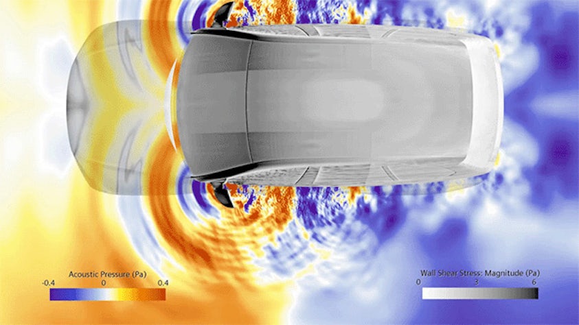 Grafika z oprogramowania Simcenter przedstawiająca hybrydową symulację aeroakustyczną.