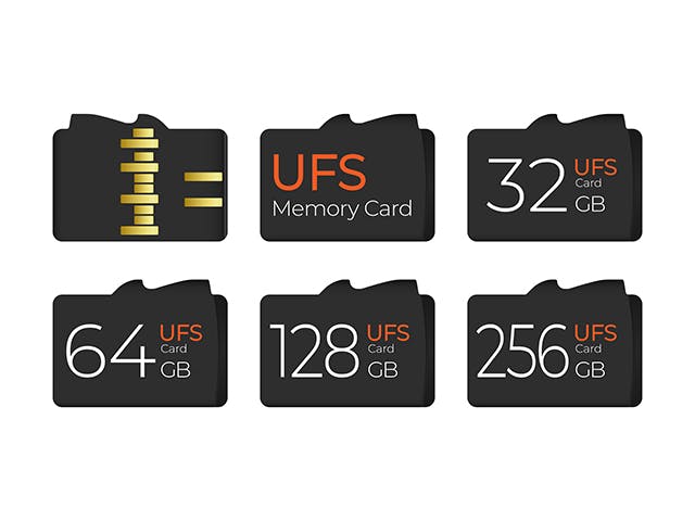 A set of UFS format miniature memory storage cards.