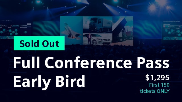 early Bird pass on background of a conference mainstage. Passes are sold out.
