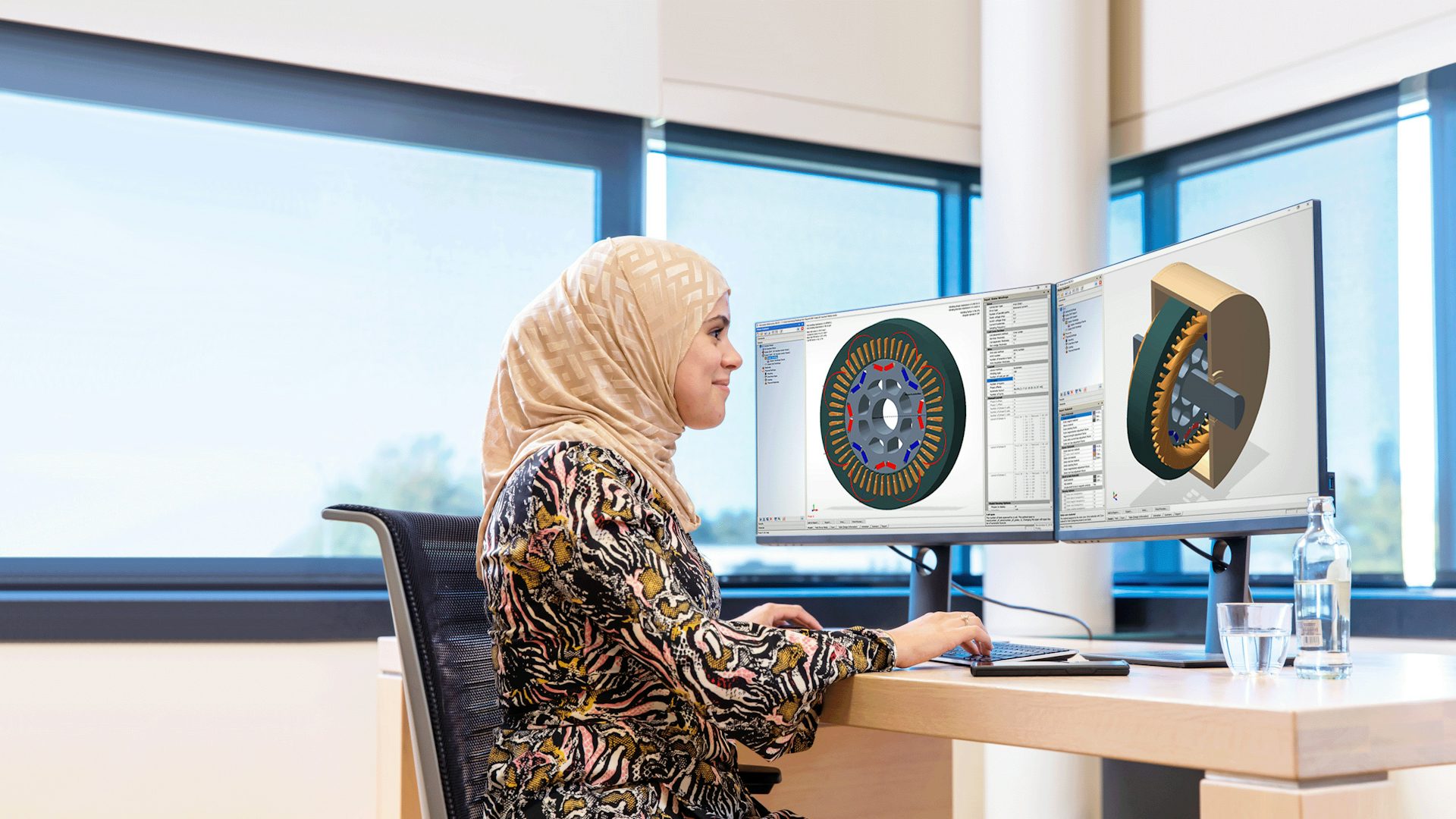 2画面を備えたデスクトップ・コンピューターでSimcenter 3D電磁界シミュレーションを使用する女性。