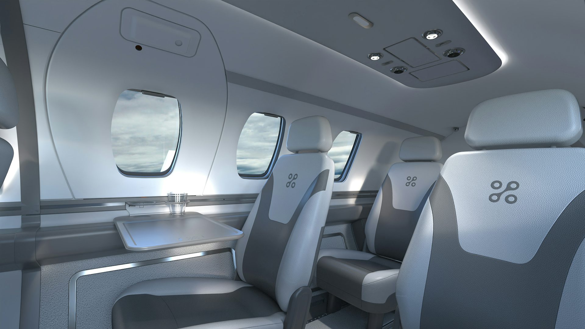 A photorealistic image of the interior of an aircraft is generated from a computer-aided design model using visualizaton software.