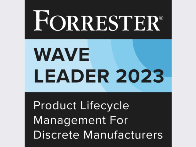 Insignia de premio Forrester Wave Leader 2023 en PLM para fabricación discreta.