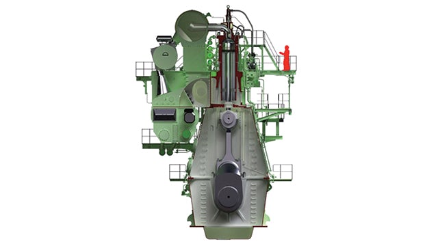 Two-stroke diesel engines are very tall, which enables high-torque performance without any gearbox. Connecting the engine directly to the propeller shaft allows design specialists to achieve 50 percent mechanical efficiency.