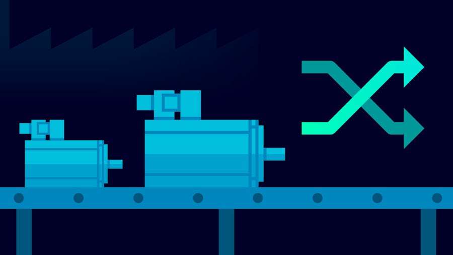 A graphic image of components moving on a conveyor belt in an intelligent factory.