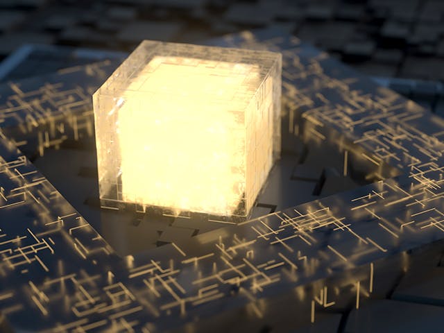 Glowing gold cube surrounded by circuitry | Calibre xACT 3D field-solver technology delivers multi-threaded and distributed processing for fast, scalable parasitic extraction.