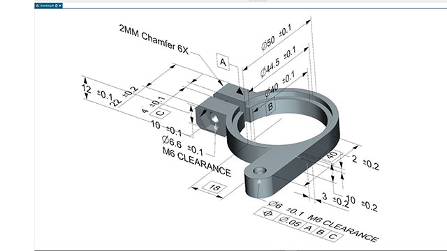 Image showing a 3D revolved component that has been sectioned, had 3D PMI Dimensions added and is positioned above a 2D drawing of the same component.