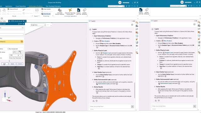 A user asking how to apply loads using Performance Predictor in Designcenter NX CAD software and selecting a face for analysis