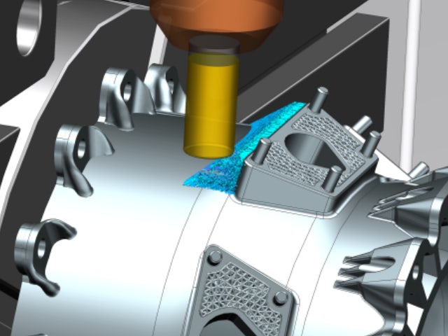 A simulation of a CNC machine working on a printed part.