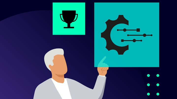 An illustration representing the Community Champion Techcellence Award, given by Siemens to recognize an individual who has gone above and beyond by sharing his or her expertise with Siemens technology.