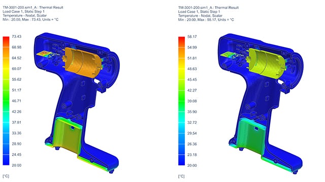 A heat transfer analysis run at various loads to validate and optimize the performance of the impact screwdriver design.