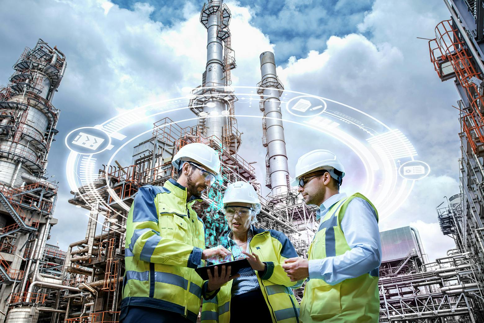 Engineers in front of plant with a digital layer