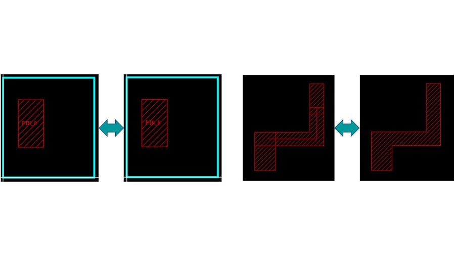 Screenshots of two configurations in two databases showing the differences found by an object-based comparison (different text labels on the same polygon and multiple polygons vs. a merged polygon)