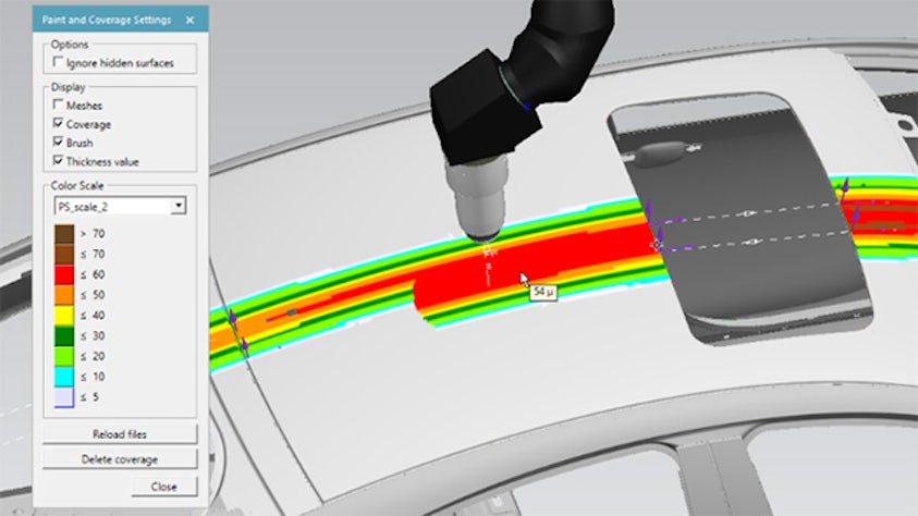 Model symulacji 3D lakierowania wykonywanego przez robota w oprogramowaniu Process Simulate.