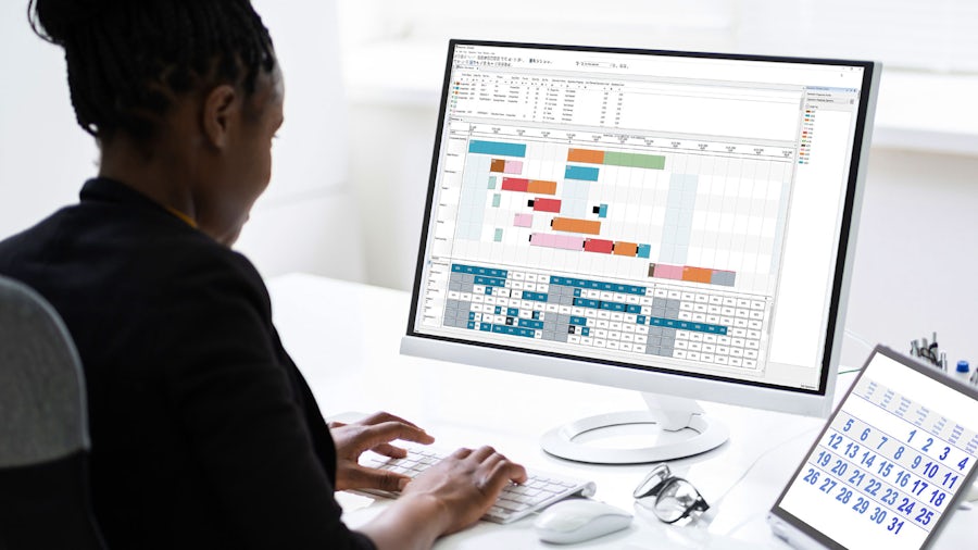 Woman using computer looking at scheduling software