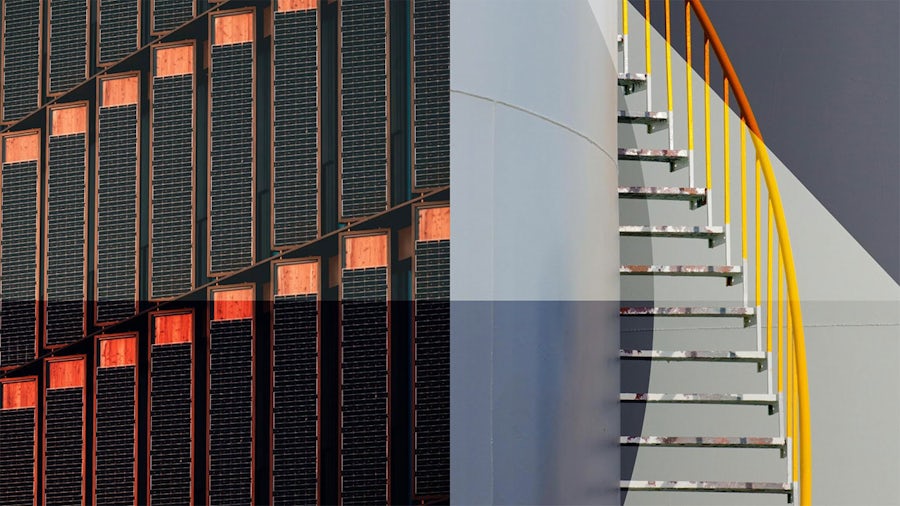 Split image: Left, a building facade with solar panels and warm wooden frames. Right, a large grey industrial tank with a vibrant yellow and orange spiral staircase. Juxtaposing sustainable energy with industrial storage.
