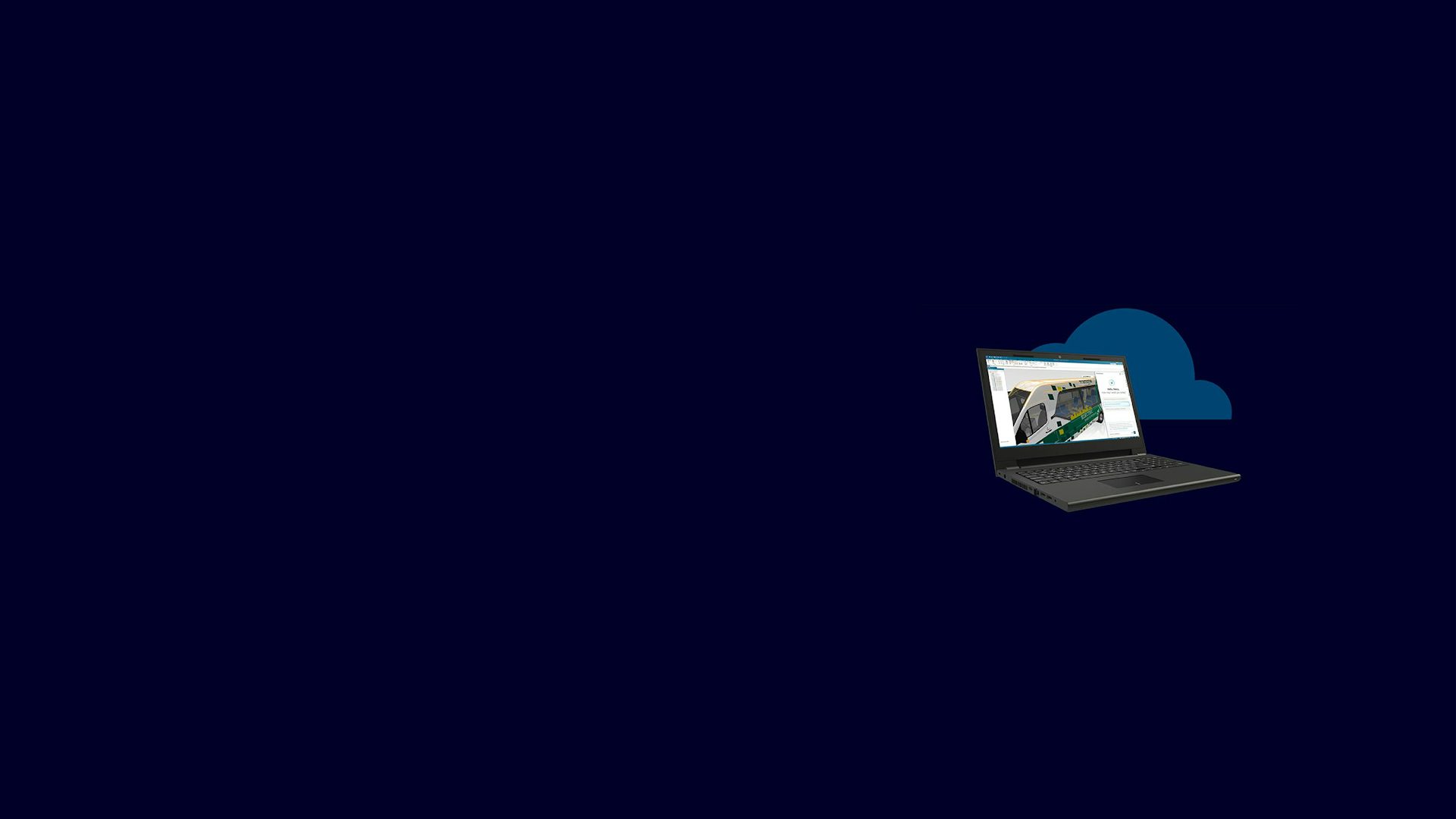 Black computer with a Tremonia Mobility van model in Solid Edge over a cloud shape, deep blue background.