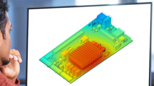 An engineer looking at a PCB thermal analysis simulation