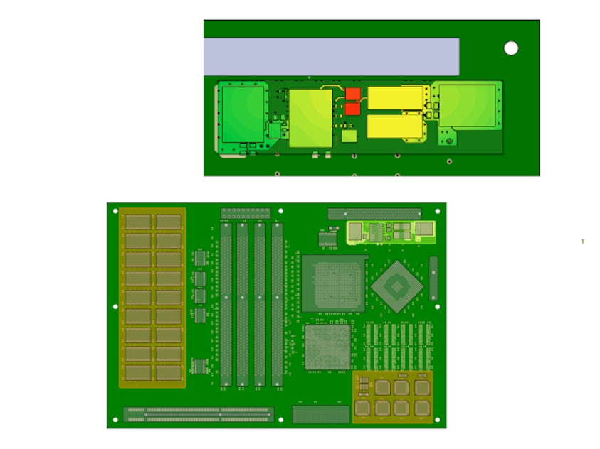 Schermata della presentazione di raffreddamento dell'elettronica incentrata sul CAD di Simcenter Flotherm XT che mostra il territorio termico autonomo per l'impostazione della fedeltà dell'analisi termica PCB localizzata su un modello di circuito stampato.