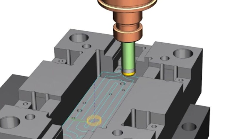 Siemens NX CAM software showing a simulation of a high-precision pocket milling operation. A cutting tool follows a defined toolpath to machine detailed internal features into a dark gray workpiece.