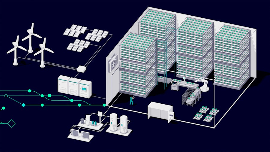 A modern vertical f&b facility with stacked plant trays, renewable energy from wind turbines and solar panels, automation via a robotic arm, data connectivity, and energy management systems for efficiency.