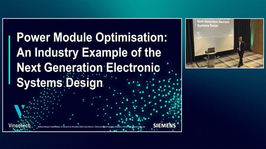 Presentation title slide "Power Module Optimisation: An Industry Example of the Next Generation Electronic Systems Design" by Vincotech and Siemens, featuring turquoise particle design effect. Small inset shows presenter speaking.