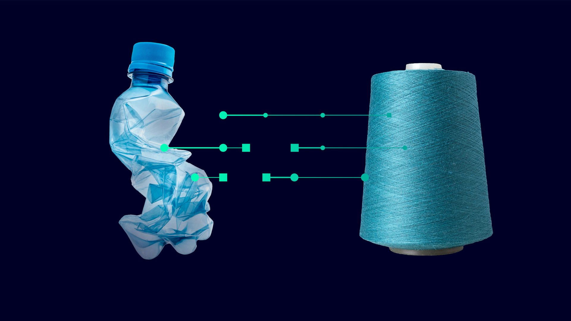 Image demonstrating product intelligence and trusted traceability in manufacturing intelligence, transforming a recycled plastic bottle into sustainable textile thread, highlighting product analytics tools and lifecycle visibility.