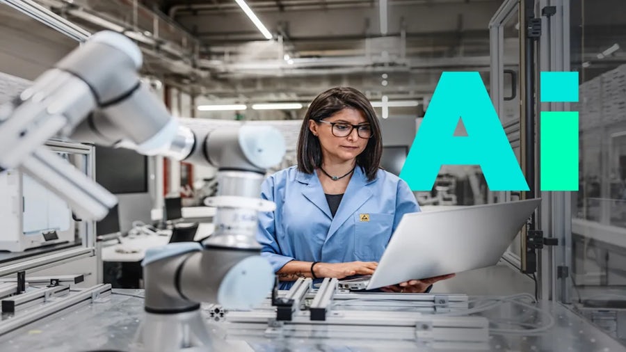 A woman in a lab coat uses a laptop next to a robotic arm, with a large "AI" graphic overlay.