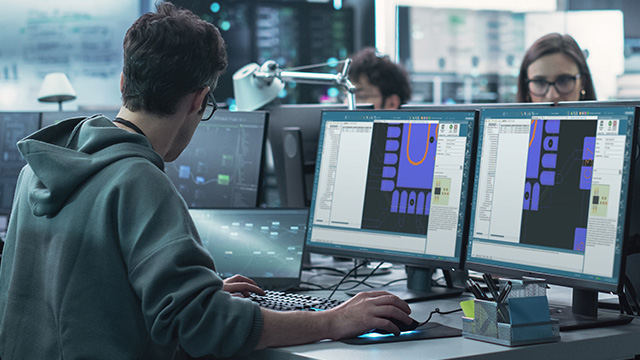 Engineer looking at two screens with Valor NPI DFM analysis interface